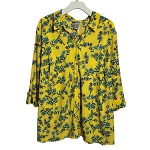 Catherines Plus Size Floral Blouse Top Women 2X Yellow Button Up Spring Office